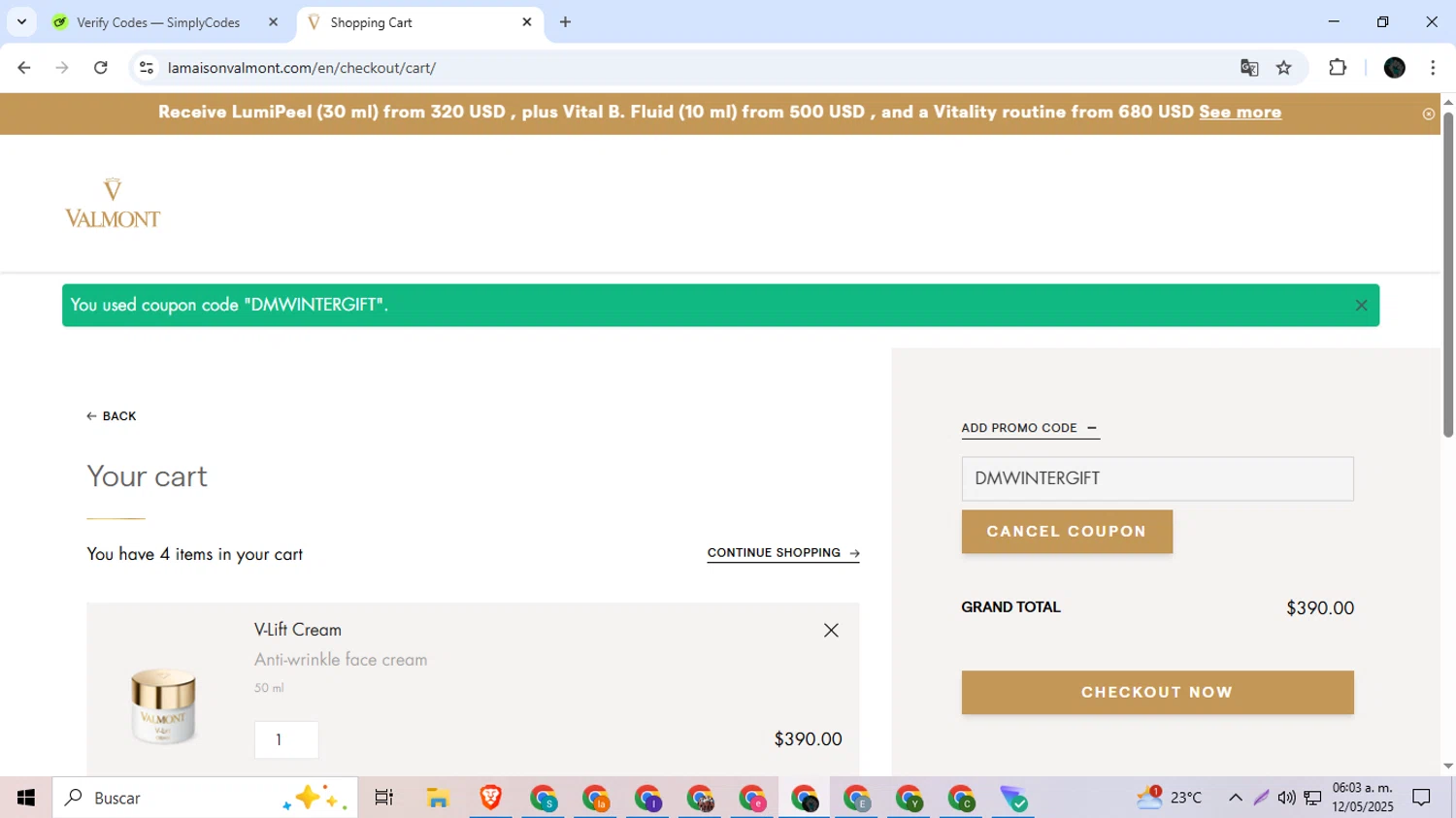 La Maison Valmont EU promo code screenshot showing code DMWINTERGIFT applied at La Maison Valmont EU checkout page. Uploaded by SimplyCodes community member Ingeniero on May 12, 2025