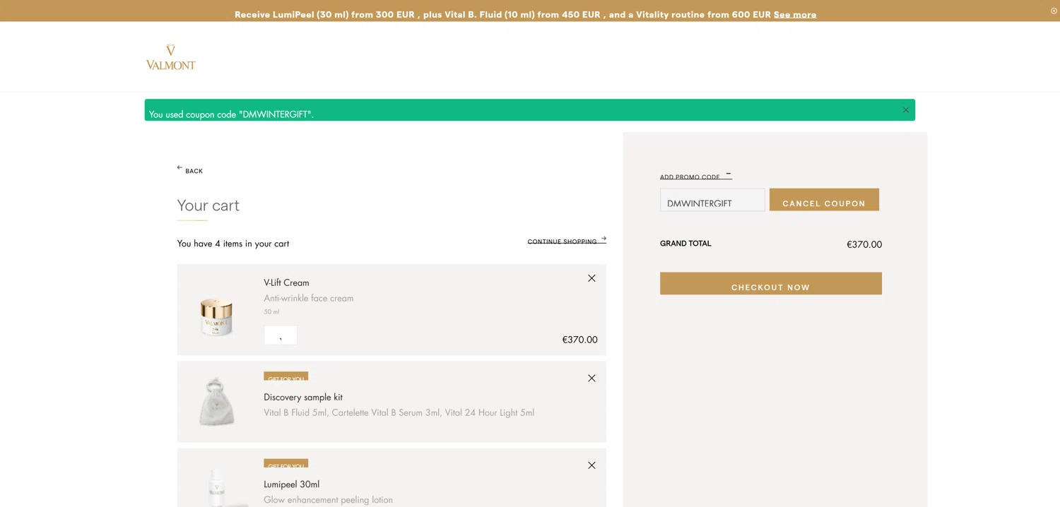 La Maison Valmont EU promo code screenshot showing code DMWINTERGIFT applied at La Maison Valmont EU checkout page. Uploaded by SimplyCodes community member TreasureKnight4134 on Apr 13, 2025