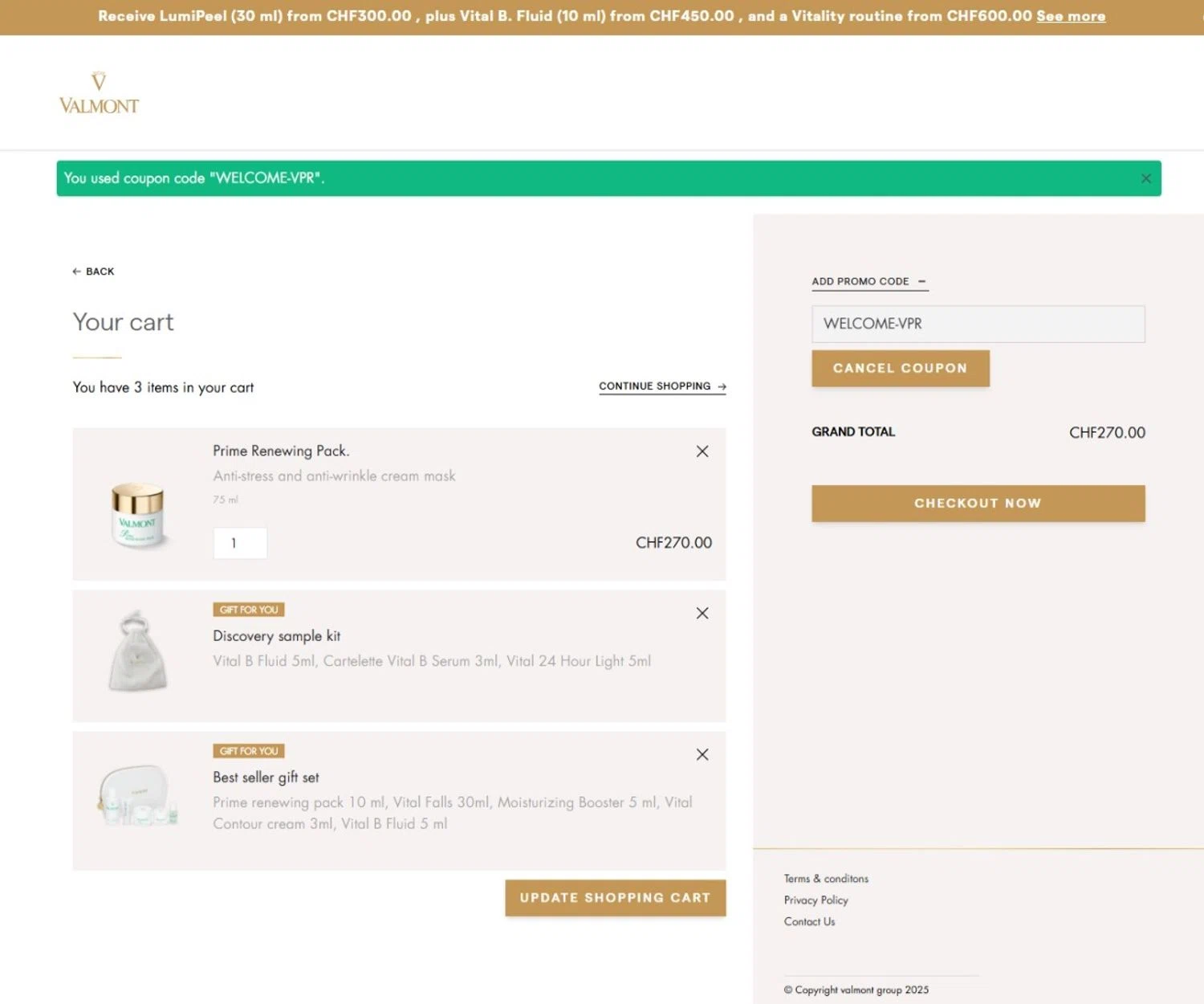 La Maison Valmont EU promo code screenshot showing code WELCOME-VPR applied at La Maison Valmont EU checkout page. Uploaded by SimplyCodes community member Maylinlr on Jun 1, 2025