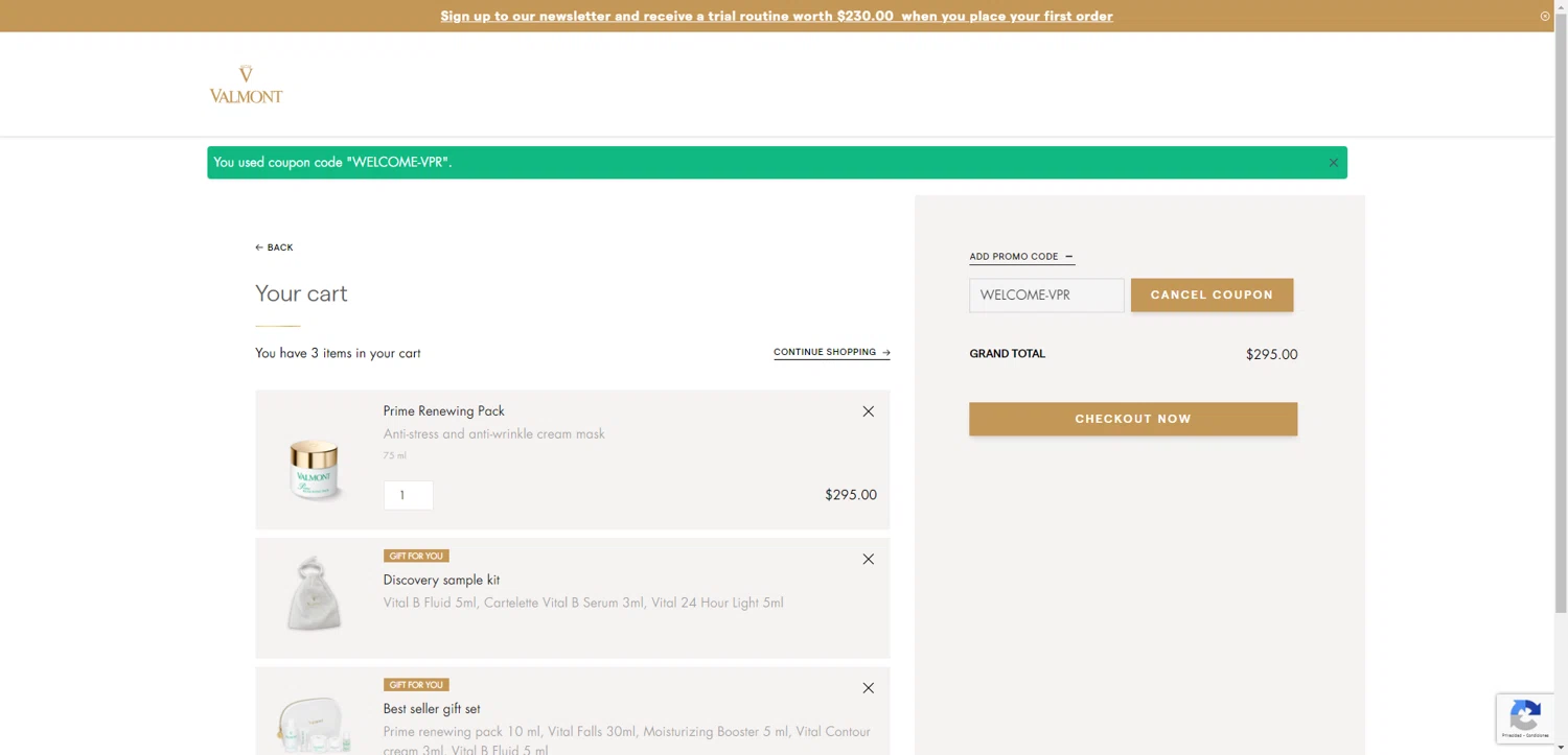 La Maison Valmont EU promo code screenshot showing code WELCOME-VPR applied at La Maison Valmont EU checkout page. Uploaded by SimplyCodes community member PennyRanger8219 on Jun 30, 2025