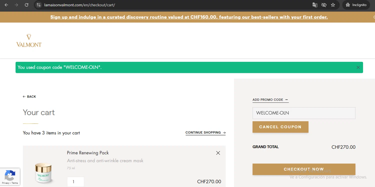 La Maison Valmont EU promo code screenshot showing code WELCOME-OLN applied at La Maison Valmont EU checkout page. Uploaded by SimplyCodes community member UchihaMadara on Oct 30, 2025