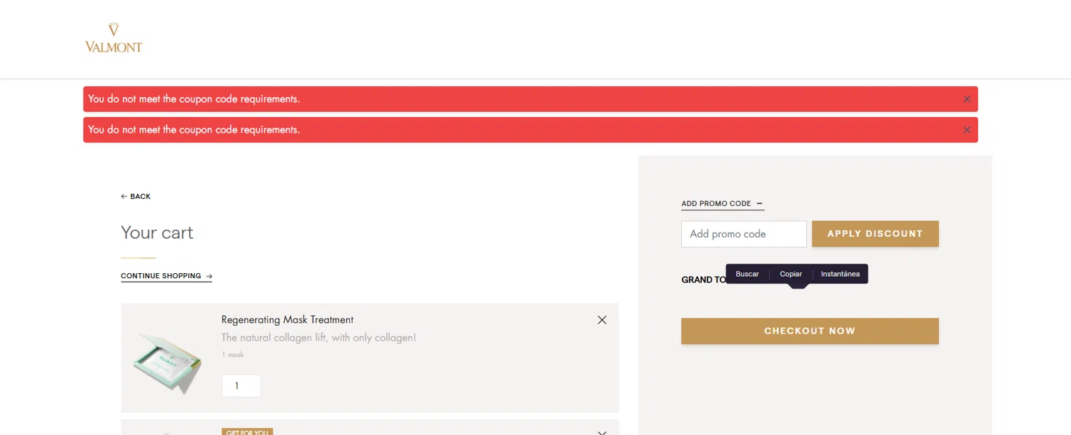 La Maison Valmont EU promo code screenshot showing code VALMONTGIFT applied at La Maison Valmont EU checkout page. Uploaded by SimplyCodes community member Halanweik on Jan 13, 2026
