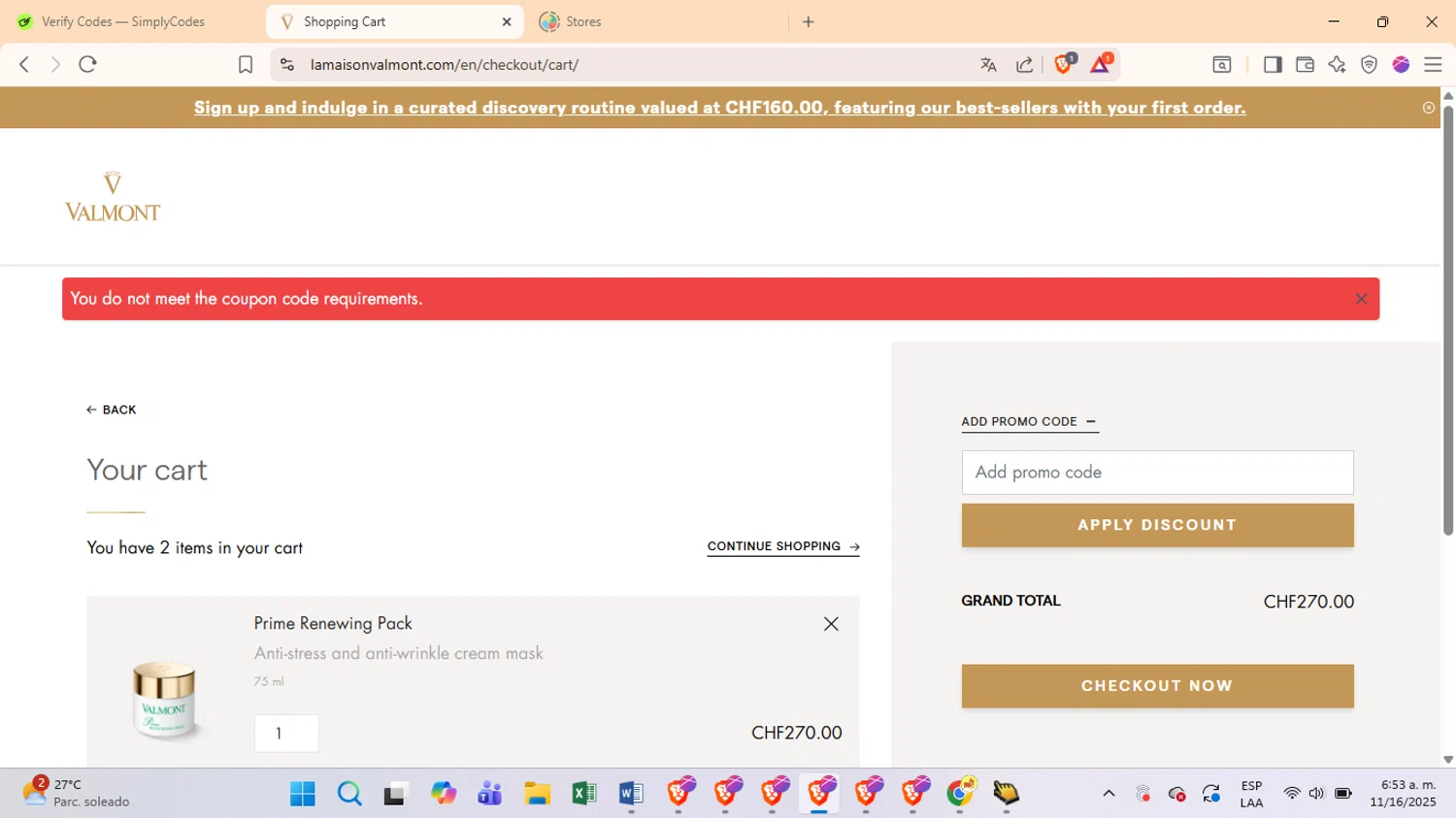 La Maison Valmont EU promo code screenshot showing code VALMONTGIFT applied at La Maison Valmont EU checkout page. Uploaded by SimplyCodes community member ScanRanger3795 on Nov 16, 2025