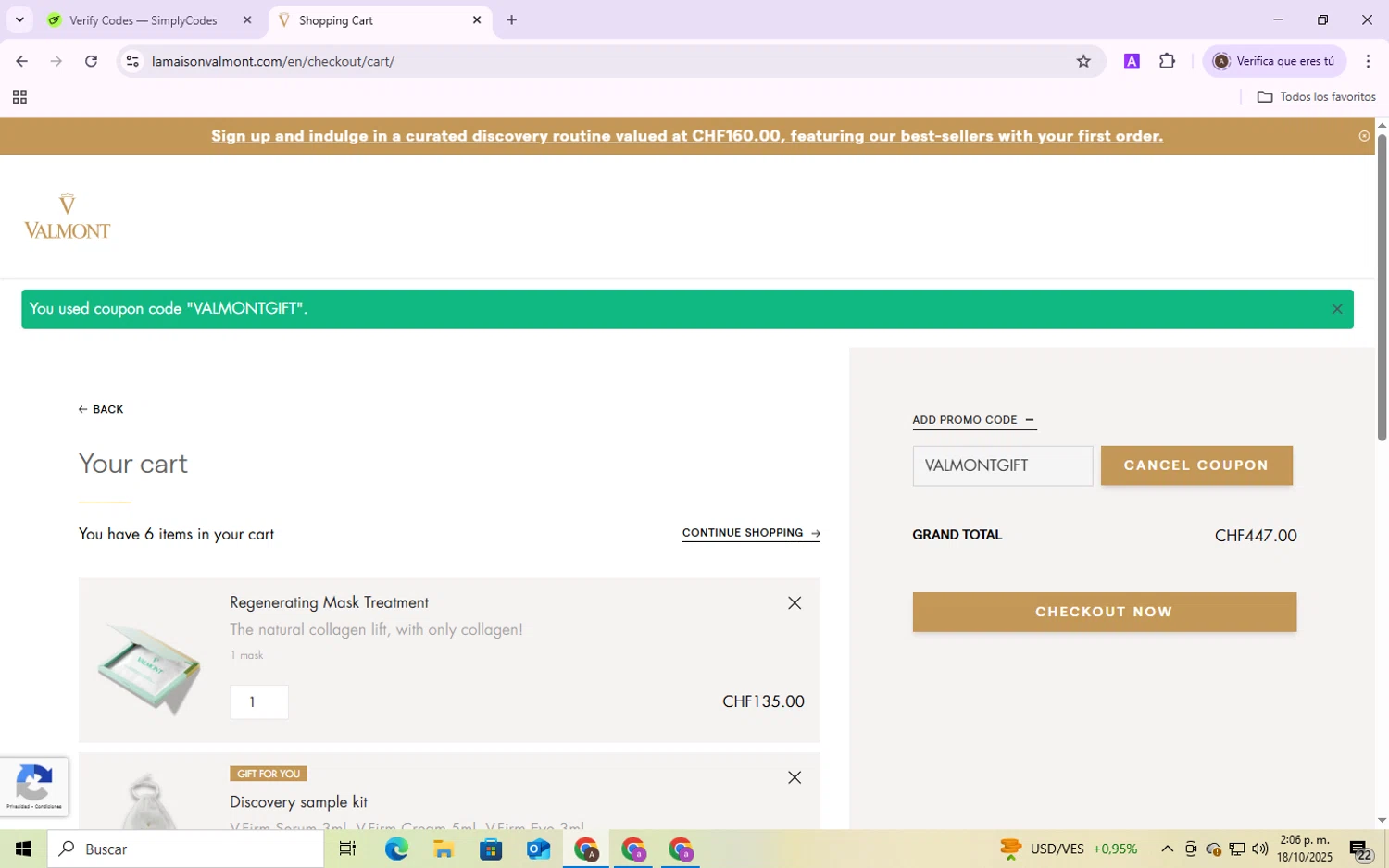 La Maison Valmont EU promo code screenshot showing code VALMONTGIFT applied at La Maison Valmont EU checkout page. Uploaded by SimplyCodes community member SmartShopper4328 on Oct 18, 2025