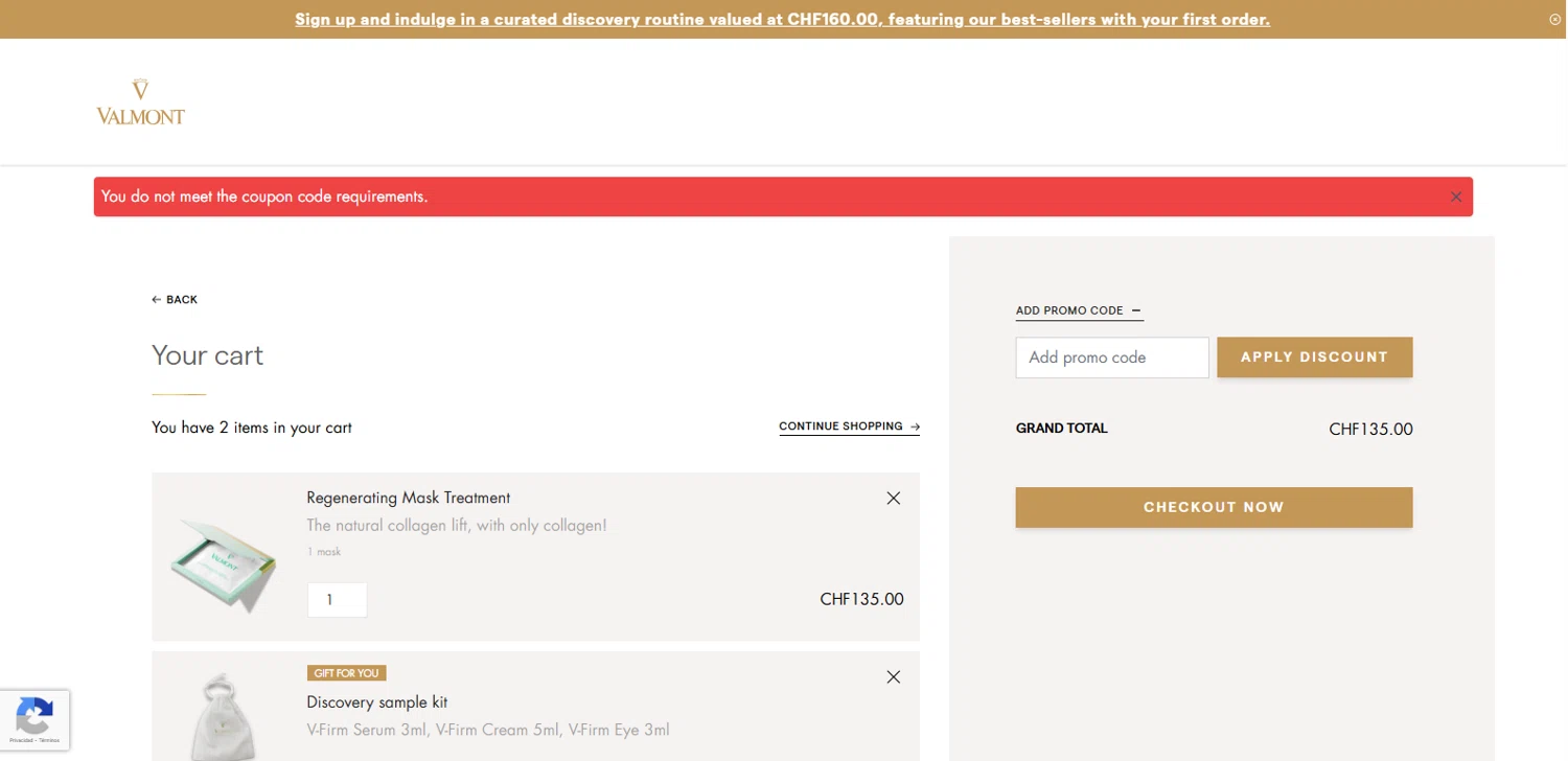 La Maison Valmont EU checkout page showing La Maison Valmont EU promo code box | Screenshot taken by SimplyCodes community member on Jan 13, 2026