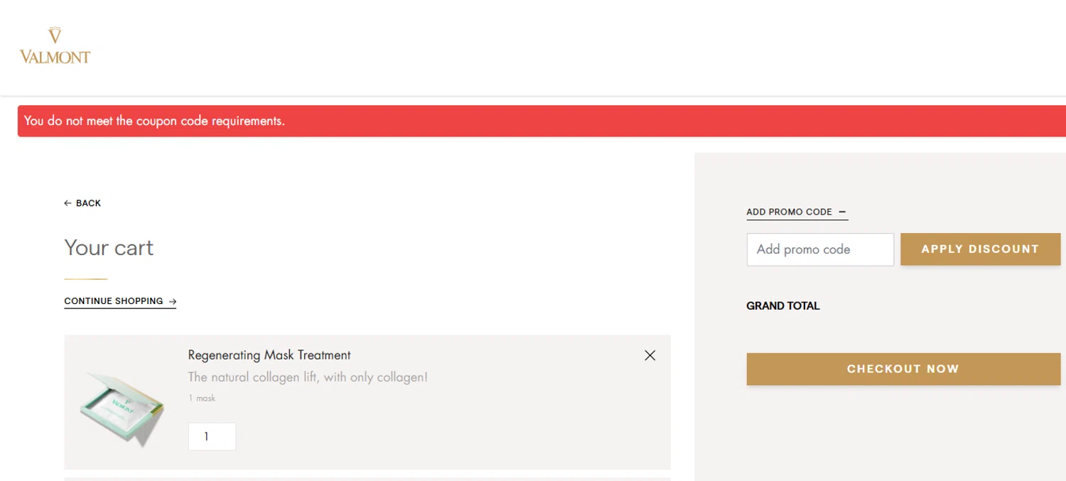 La Maison Valmont EU promo code screenshot showing code VALMONTGIFT applied at La Maison Valmont EU checkout page. Uploaded by SimplyCodes community member ashe1986 on Sep 19, 2025