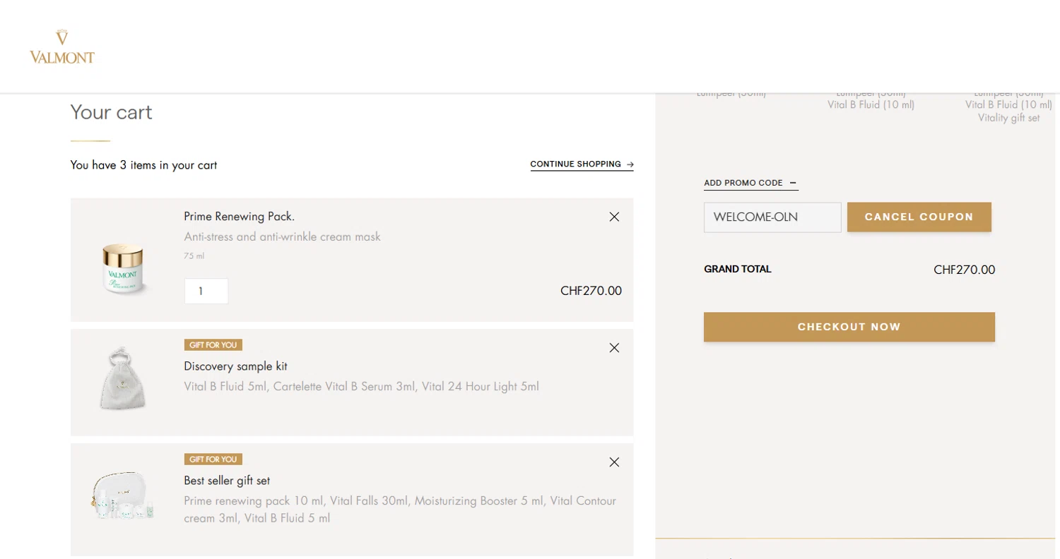 La Maison Valmont EU promo code screenshot showing code WELCOME-OLN applied at La Maison Valmont EU checkout page. Uploaded by SimplyCodes community member terrybrown on May 6, 2025