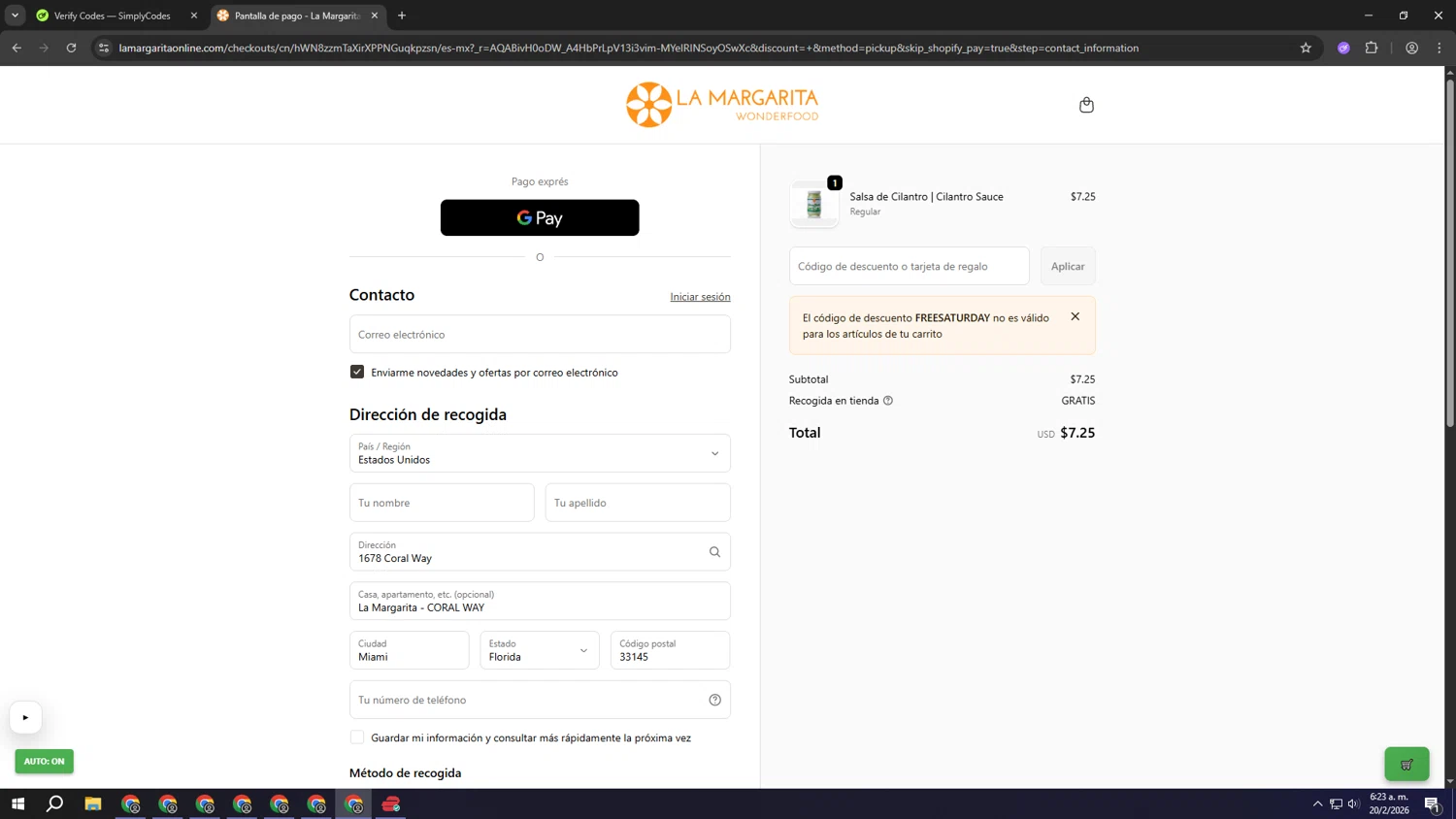 La Margarita Wonderfood promo code screenshot showing code FREESATURDAY applied at La Margarita Wonderfood checkout page. Uploaded by SimplyCodes community member wwwwwwwwwwwwwww on Feb 20, 2026