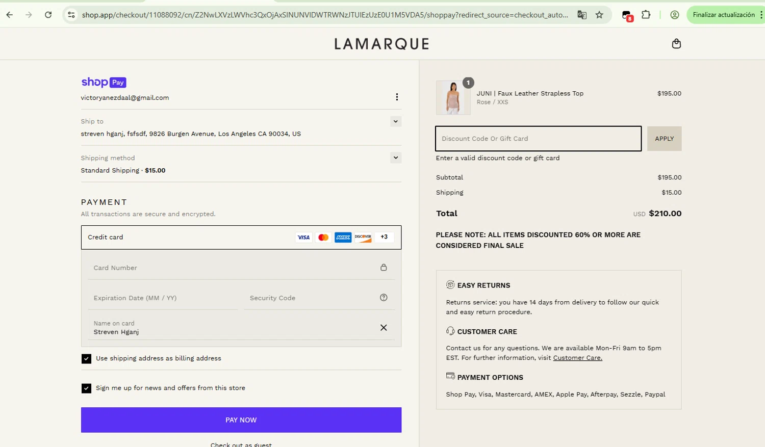Lamarque promo code screenshot showing code SPRING25 applied at Lamarque checkout page. Uploaded by SimplyCodes community member SereGrande on Apr 26, 2025