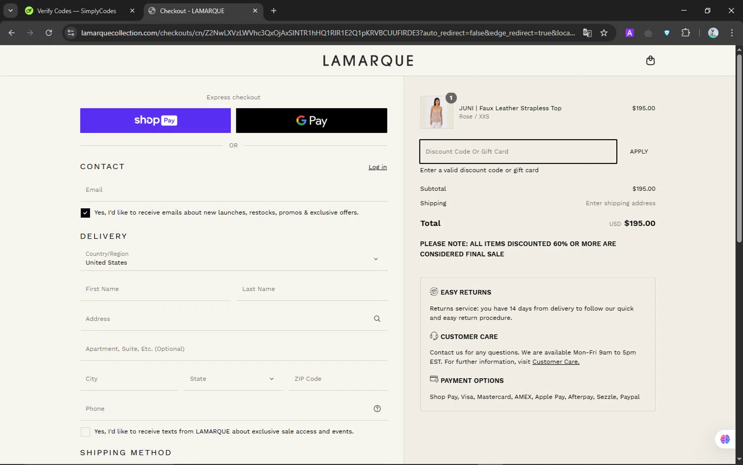 Lamarque promo code screenshot showing code SPRING25 applied at Lamarque checkout page. Uploaded by SimplyCodes community member NobleScholar188 on Apr 26, 2025