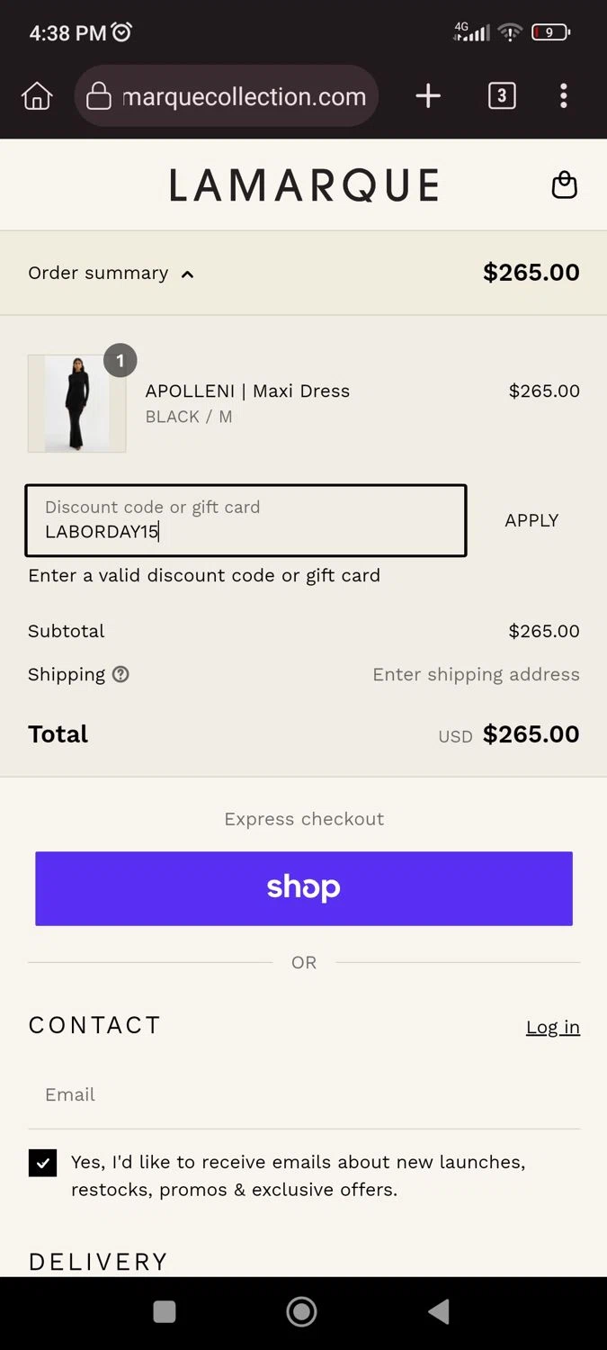 Lamarque promo code screenshot showing code LABORDAY15 applied at Lamarque checkout page. Uploaded by SimplyCodes community member CrownLion2750 on Sep 6, 2025