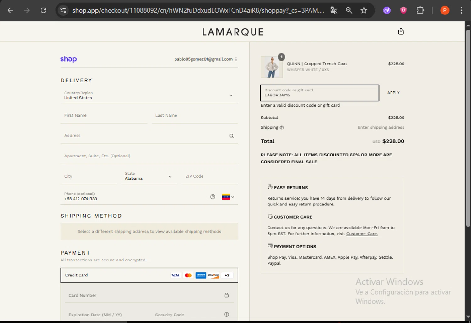Lamarque promo code screenshot showing code LABORDAY15 applied at Lamarque checkout page. Uploaded by SimplyCodes community member WonderDefender6772 on Sep 6, 2025
