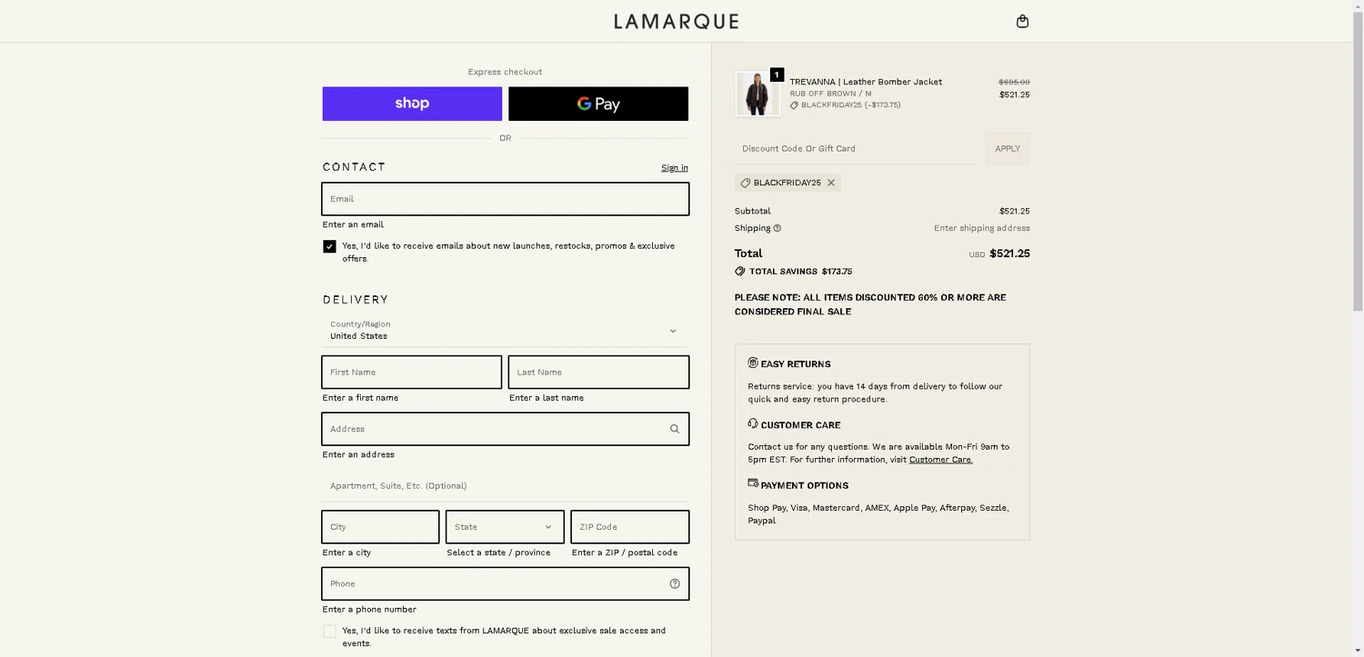 Lamarque checkout page showing Lamarque promo code box | Screenshot taken by SimplyCodes community member on Nov 17, 2025