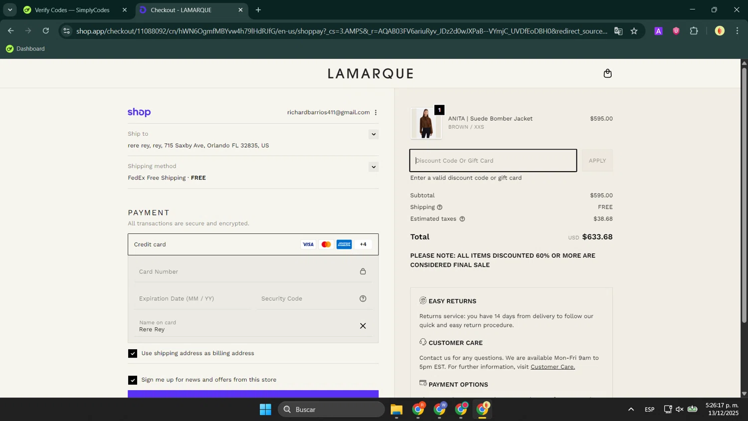 Lamarque promo code screenshot showing code BLACKFRIDAY25 applied at Lamarque checkout page. Uploaded by SimplyCodes community member LuckyShopper9694 on Dec 13, 2025