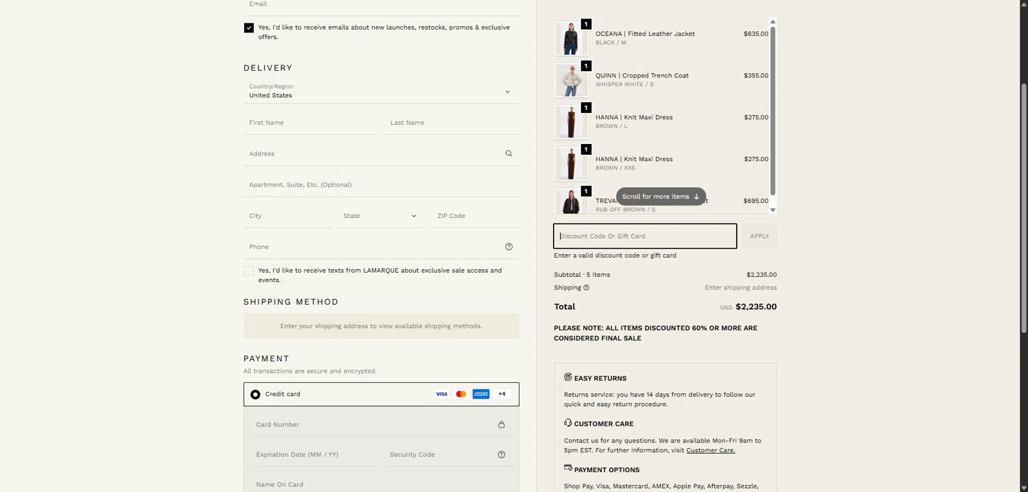 Lamarque promo code screenshot showing code BLACKFRIDAY25 applied at Lamarque checkout page. Uploaded by SimplyCodes community member QuestLynx5304 on Dec 14, 2025
