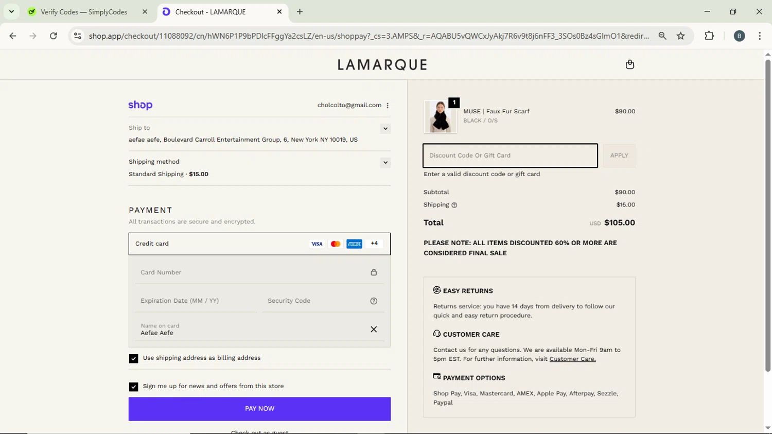 Lamarque promo code screenshot showing code BLACKFRIDAY25 applied at Lamarque checkout page. Uploaded by SimplyCodes community member ScanPhoenix3549 on Dec 14, 2025