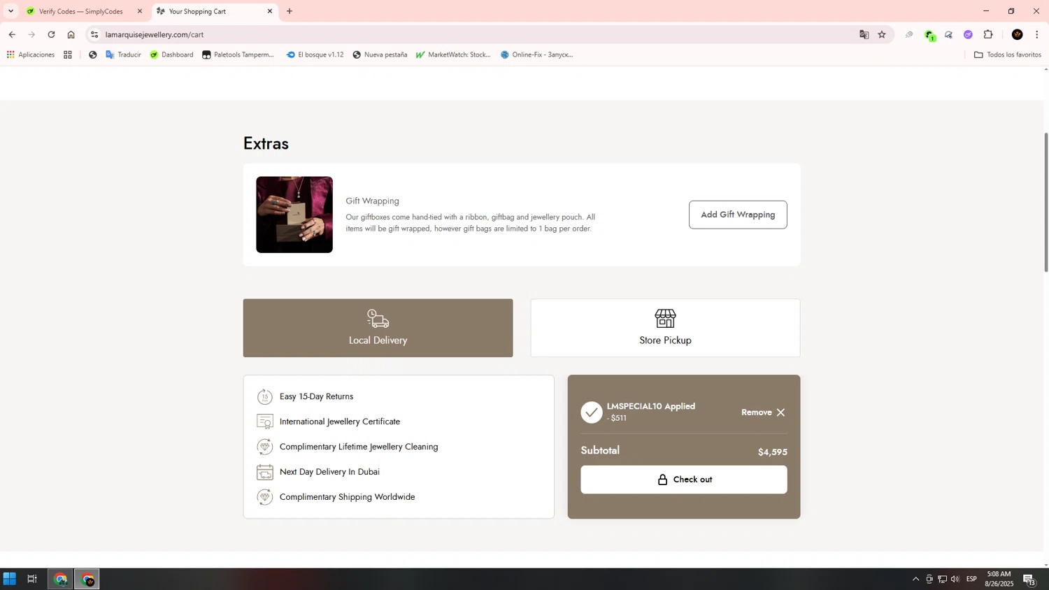 La Marquise Jewellery promo code screenshot showing code LMSPECIAL10 applied at La Marquise Jewellery checkout page. Uploaded by SimplyCodes community member Alkelino74 on Aug 26, 2025