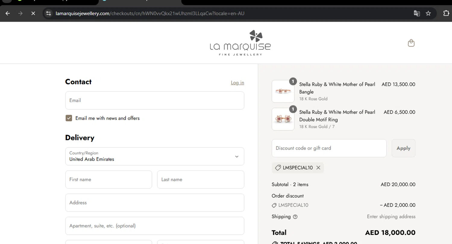 La Marquise Jewellery promo code screenshot showing code LMSPECIAL10 applied at La Marquise Jewellery checkout page. Uploaded by SimplyCodes community member RoyalSpotter5217 on Jul 22, 2025