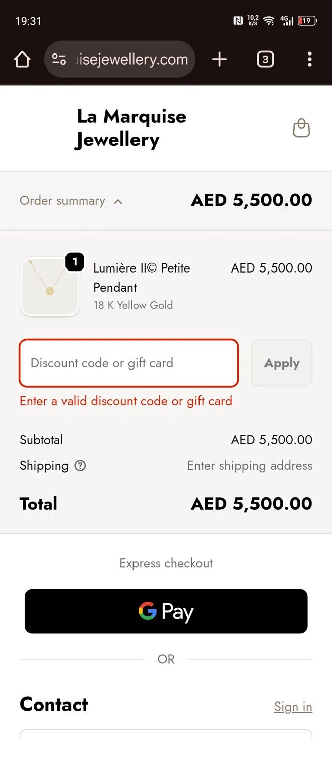 La Marquise Jewellery promo code screenshot showing code DIWALI10 applied at La Marquise Jewellery checkout page. Uploaded by SimplyCodes community member SavvyOwl4773 on Oct 26, 2025