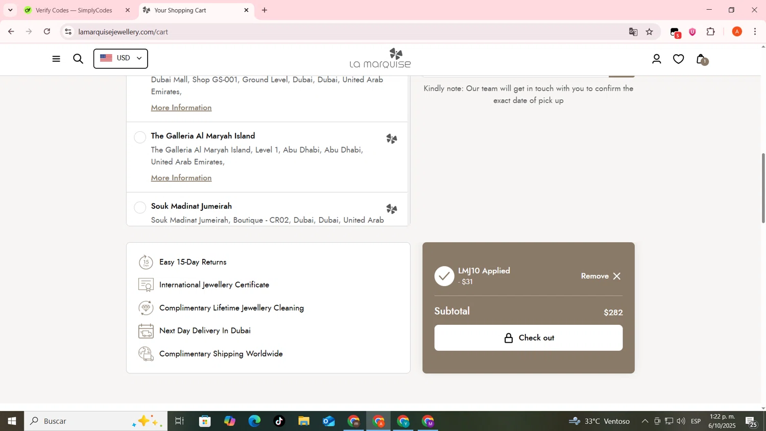 La Marquise Jewellery promo code screenshot showing code LMJ10 applied at La Marquise Jewellery checkout page. Uploaded by SimplyCodes community member FrugalSentinel6206 on Oct 6, 2025