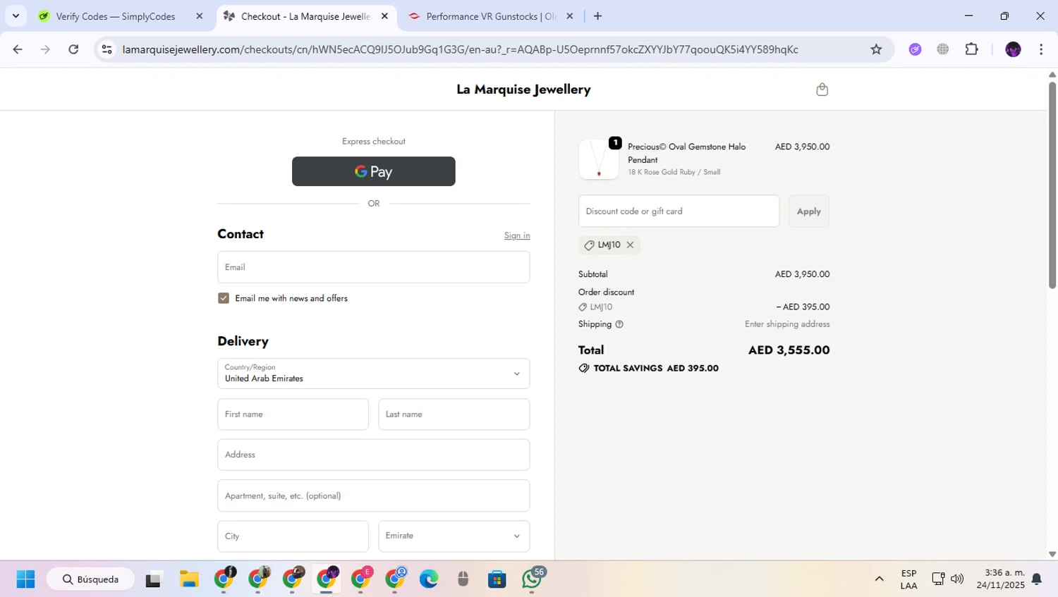 La Marquise Jewellery promo code screenshot showing code LMJ10 applied at La Marquise Jewellery checkout page. Uploaded by SimplyCodes community member GloriousGuardian9063 on Nov 24, 2025