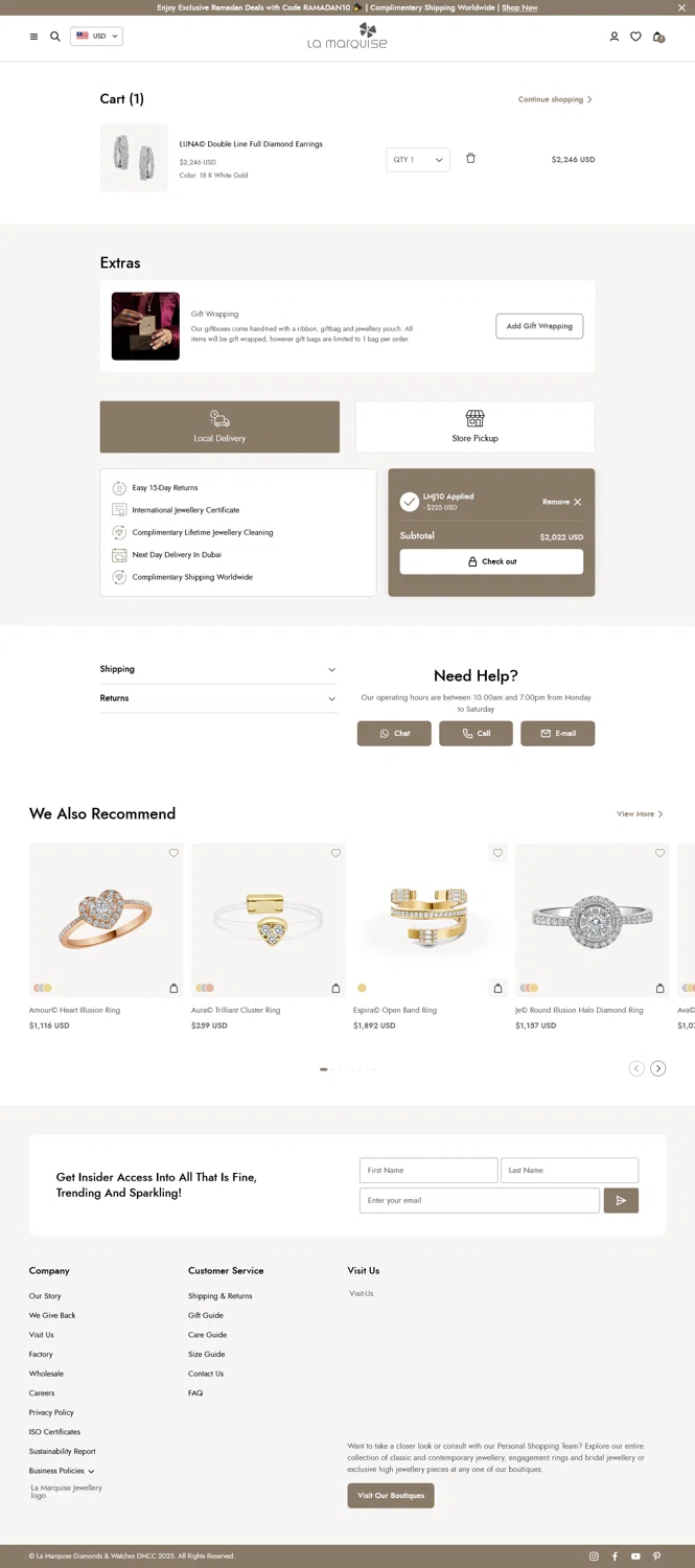 La Marquise Jewellery promo code screenshot showing code LMJ10 applied at La Marquise Jewellery checkout page. Uploaded by SimplyCodes community member WladimirV on Mar 10, 2025