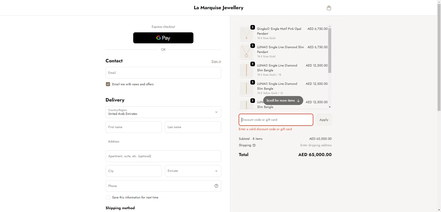 La Marquise Jewellery promo code screenshot showing code UAE10 applied at La Marquise Jewellery checkout page. Uploaded by SimplyCodes community member CrownTiger6508 on Dec 4, 2025