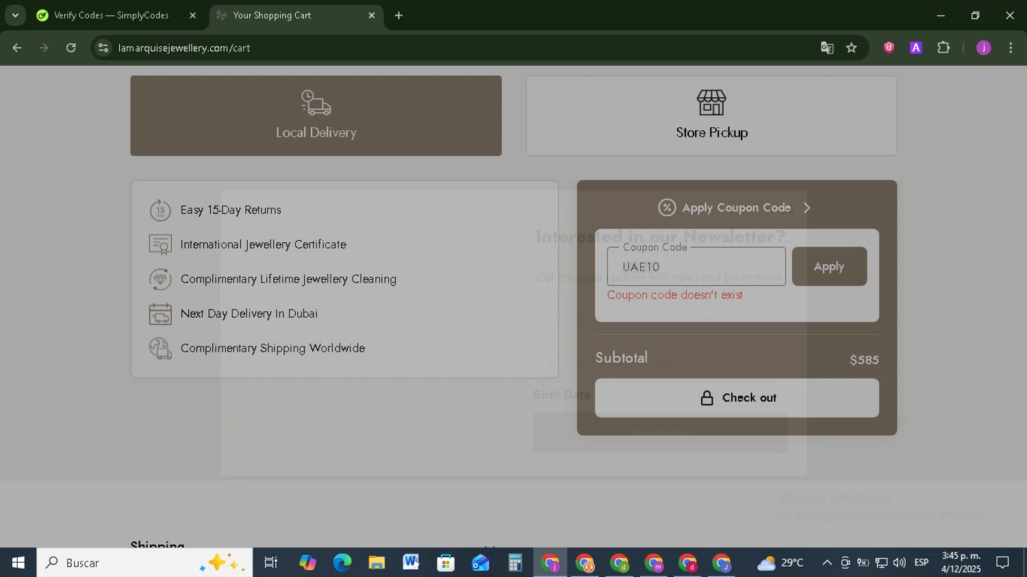 La Marquise Jewellery promo code screenshot showing code UAE10 applied at La Marquise Jewellery checkout page. Uploaded by SimplyCodes community member Tazbravo on Dec 4, 2025