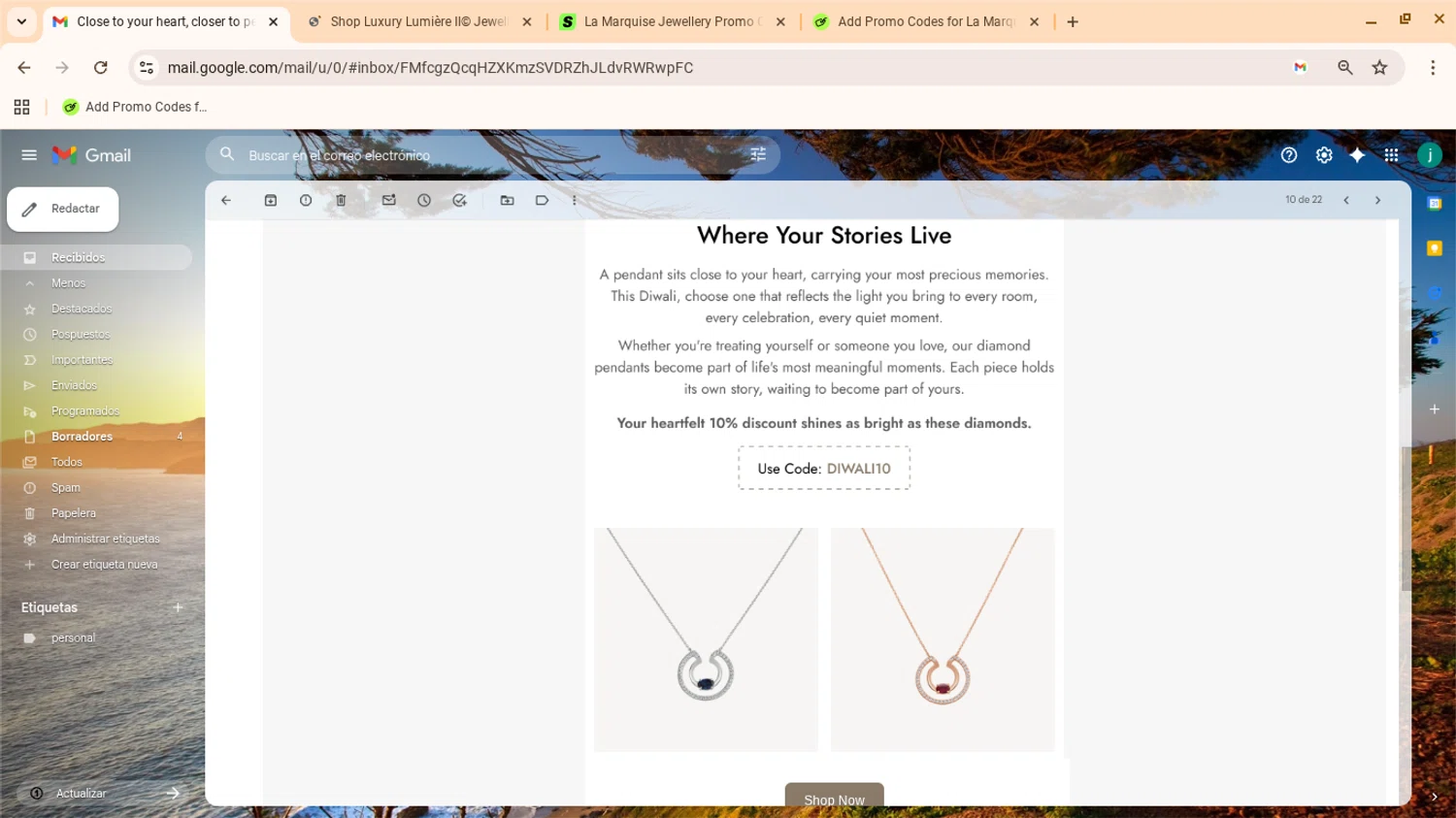 La Marquise Jewellery promo code screenshot showing code diwali10 applied at La Marquise Jewellery checkout page. Uploaded by SimplyCodes community member yennifergonzalez on Oct 13, 2025