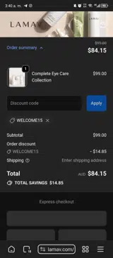 WELCOME15 coupon verification screenshot