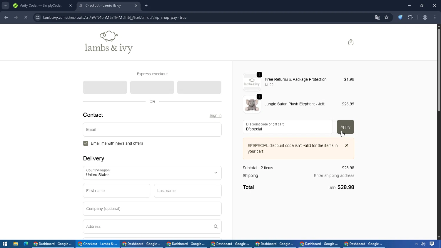 Lambs & Ivy discount code screenshot showing code Bfspecial applied at Lambs & Ivy checkout page. Uploaded by SimplyCodes community member RebateCaptain6440 on Oct 27, 2025