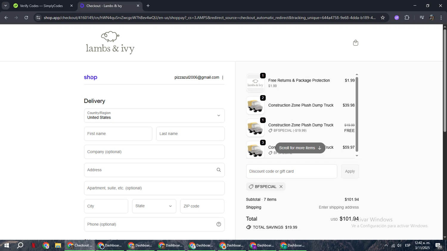 Lambs & Ivy discount code screenshot showing code Bfspecial applied at Lambs & Ivy checkout page. Uploaded by SimplyCodes community member xxdddd on Nov 3, 2025