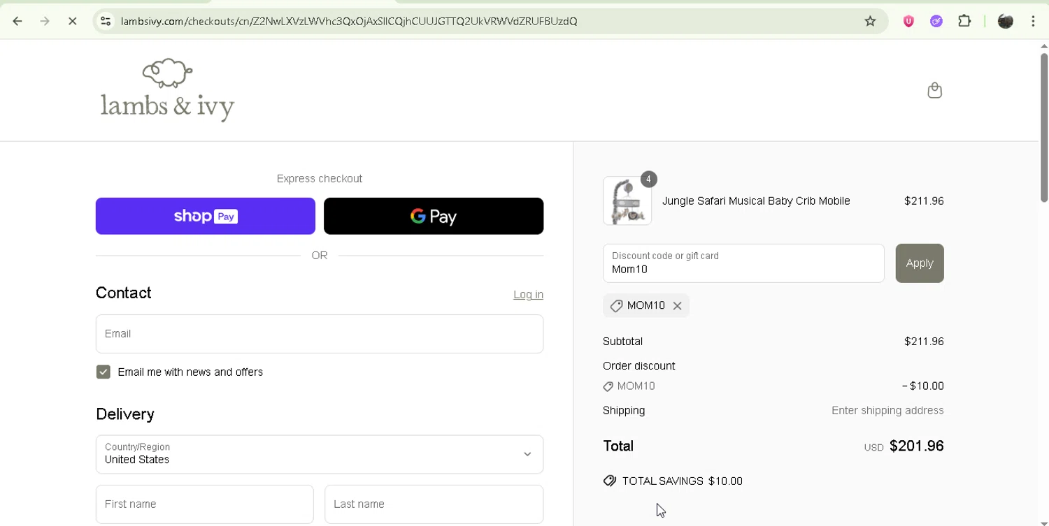 Lambs & Ivy discount code screenshot showing code Mom10 applied at Lambs & Ivy checkout page. Uploaded by SimplyCodes community member Jesusvasquezzz on Jun 22, 2025