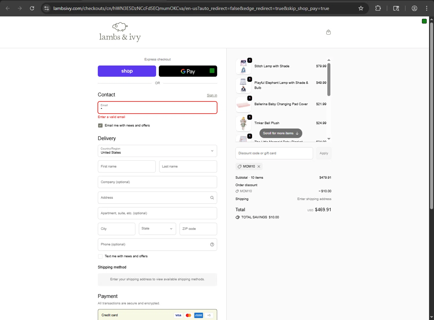 Lambs & Ivy discount code screenshot showing code Mom10 applied at Lambs & Ivy checkout page. Uploaded by SimplyCodes community member RayliMC on Sep 21, 2025