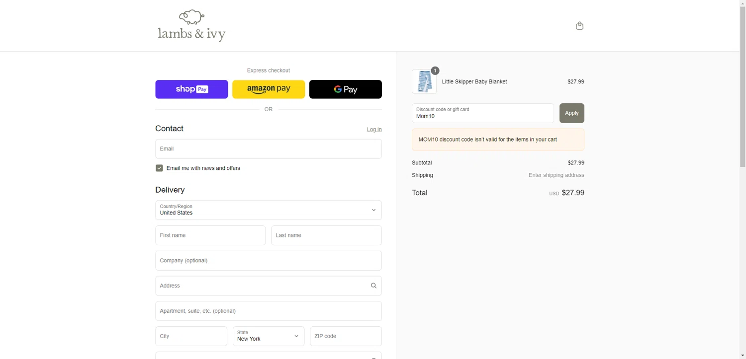 Lambs & Ivy discount code screenshot showing code Mom10 applied at Lambs & Ivy checkout page. Uploaded by SimplyCodes community member SilverChaser3269 on Jun 9, 2025