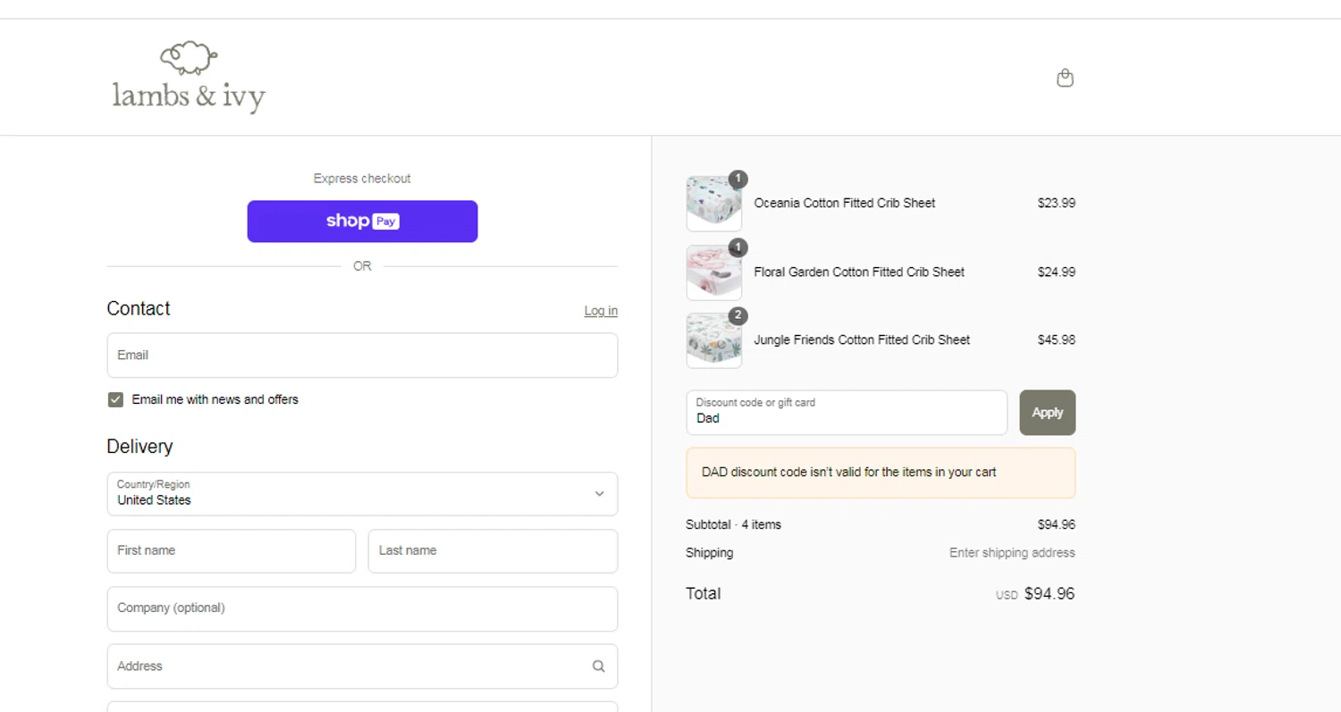 Lambs & Ivy discount code screenshot showing code Dad applied at Lambs & Ivy checkout page. Uploaded by SimplyCodes community member obito1234 on Jun 15, 2025