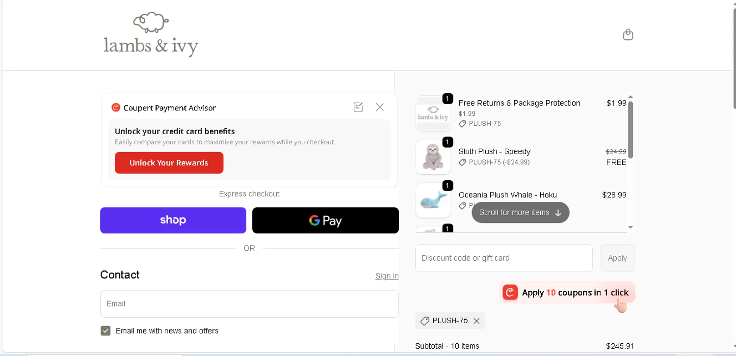 Lambs & Ivy discount code screenshot showing code PLUSH-75 applied at Lambs & Ivy checkout page. Uploaded by SimplyCodes community member shark12 on Nov 29, 2025