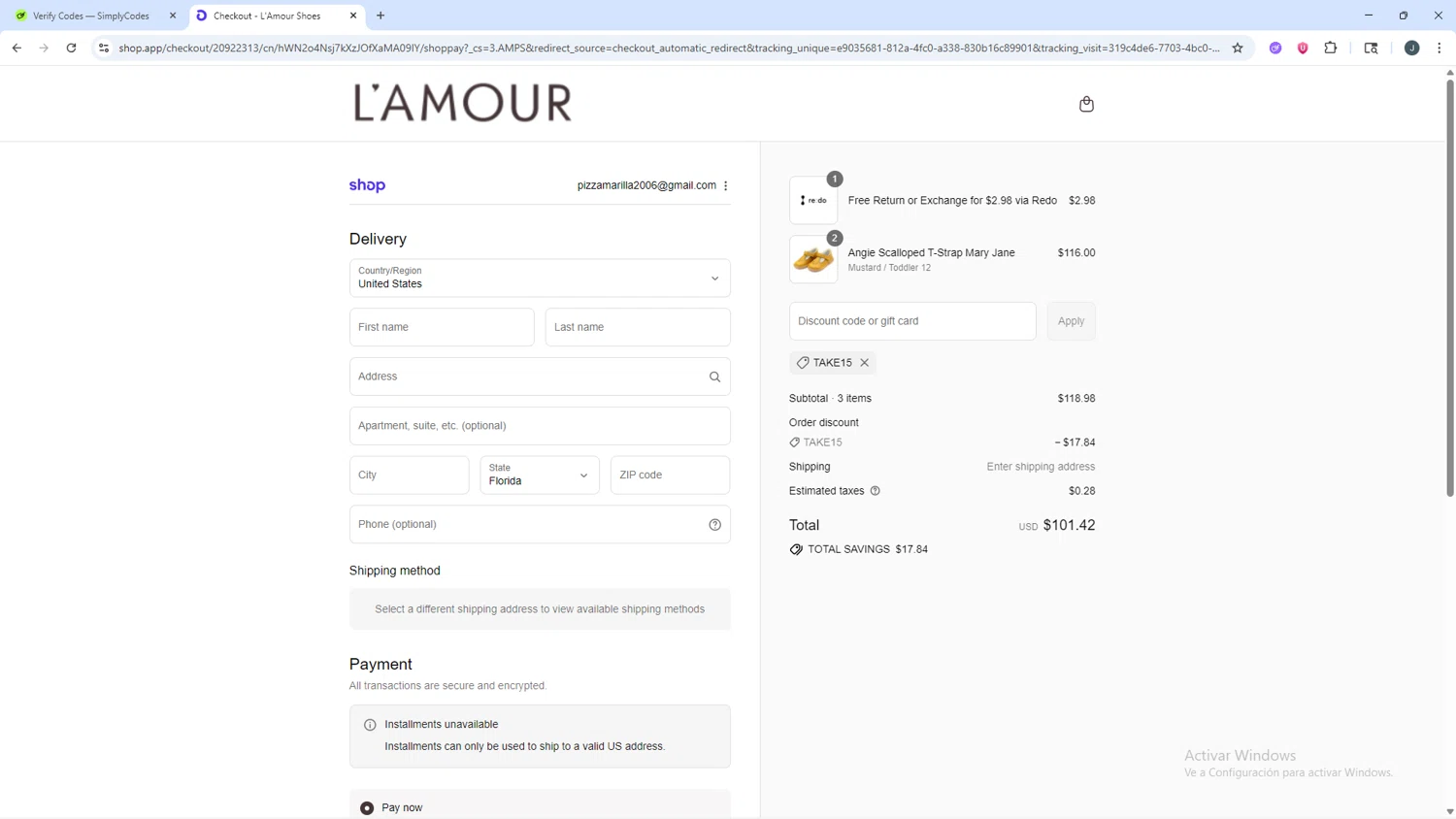 L'Amour Shoes promo code screenshot showing code TAKE15 applied at L'Amour Shoes checkout page. Uploaded by SimplyCodes community member AVATIGRITO on Sep 10, 2025