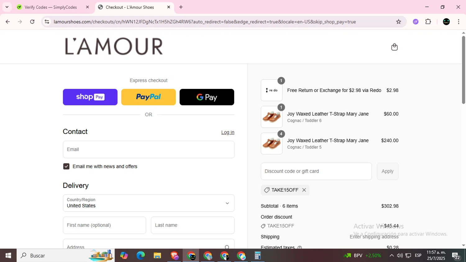 L'Amour Shoes promo code screenshot showing code TAKE15OFF applied at L'Amour Shoes checkout page. Uploaded by SimplyCodes community member BargainWizard5755 on Jul 25, 2025
