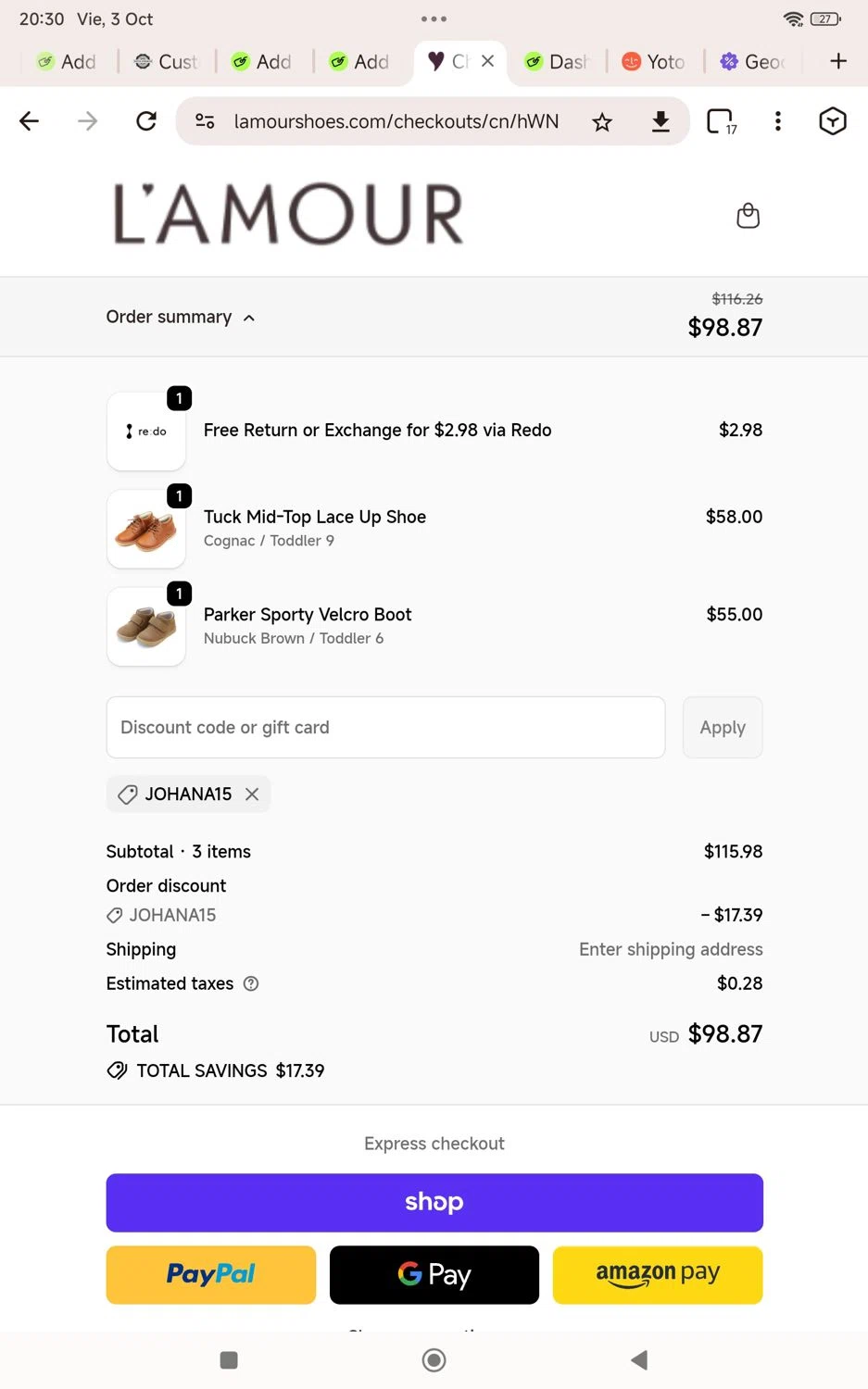 L'Amour Shoes promo code screenshot showing code Johana15 applied at L'Amour Shoes checkout page. Uploaded by SimplyCodes community member KarinaHZ on Oct 4, 2025