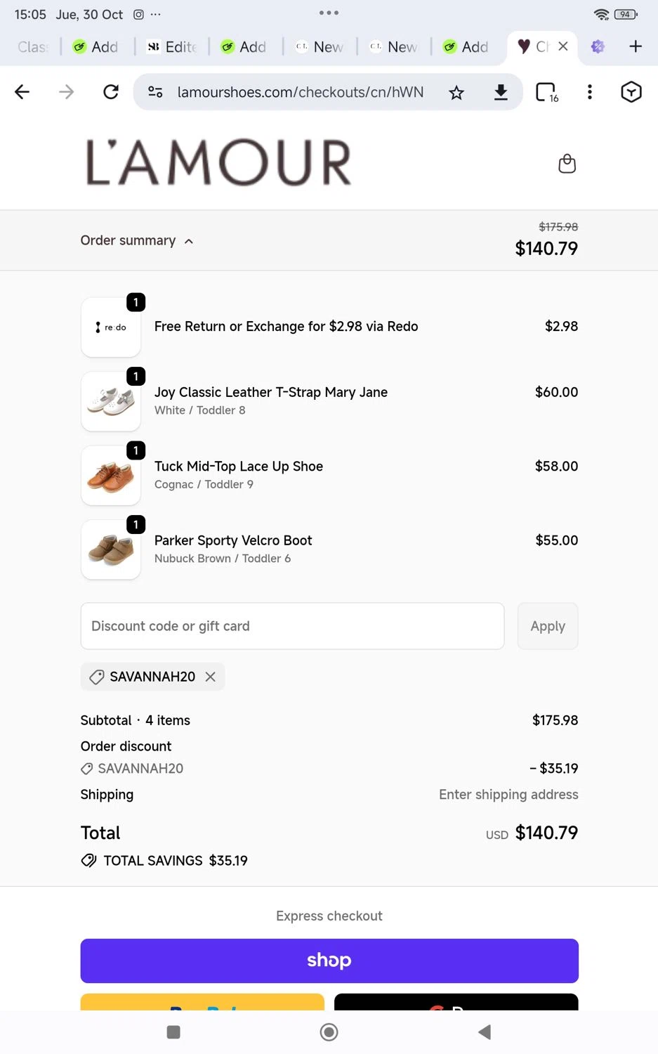 L'Amour Shoes promo code screenshot showing code Savannah20 applied at L'Amour Shoes checkout page. Uploaded by SimplyCodes community member KarinaHZ on Oct 30, 2025