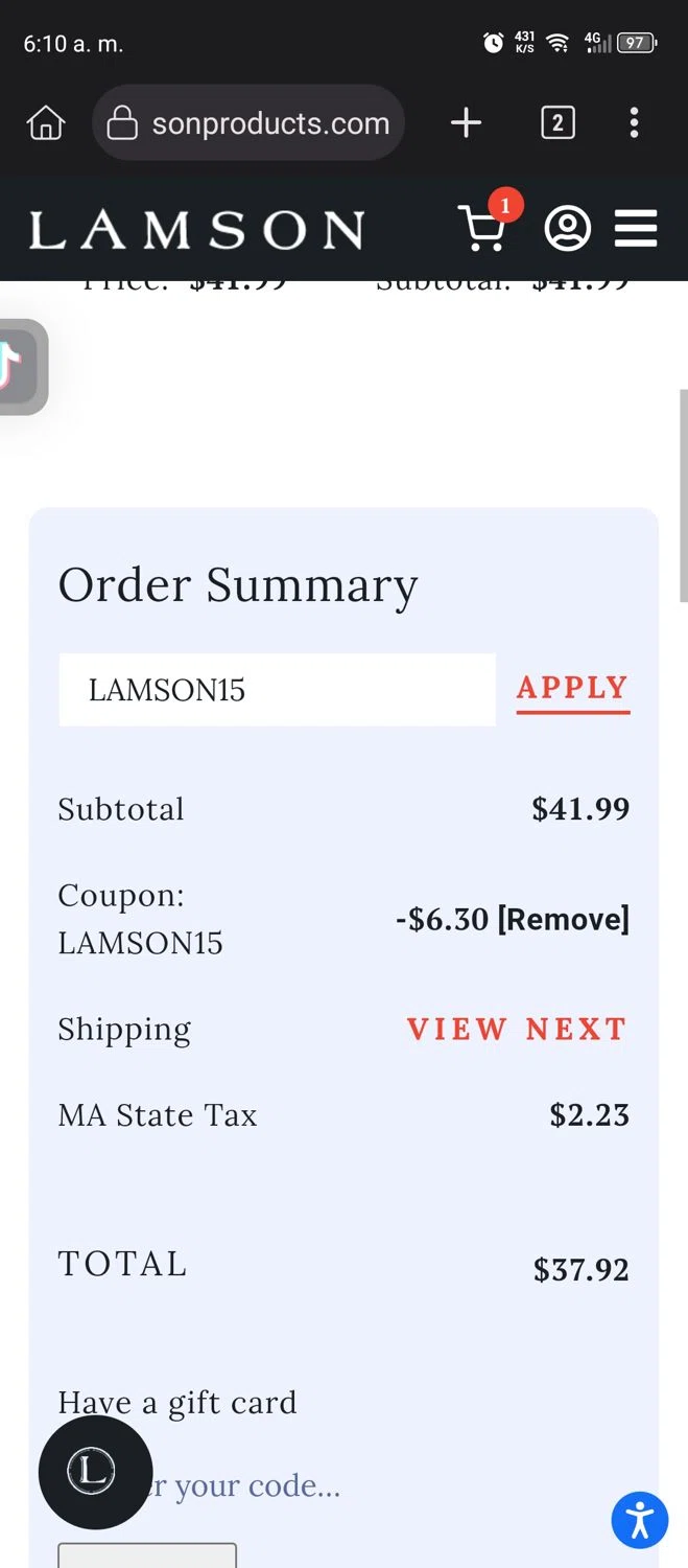 Lamson Products coupon code screenshot showing code LAMSON15 applied at Lamson Products checkout page. Uploaded by SimplyCodes community member GumballWatterson on Sep 22, 2025
