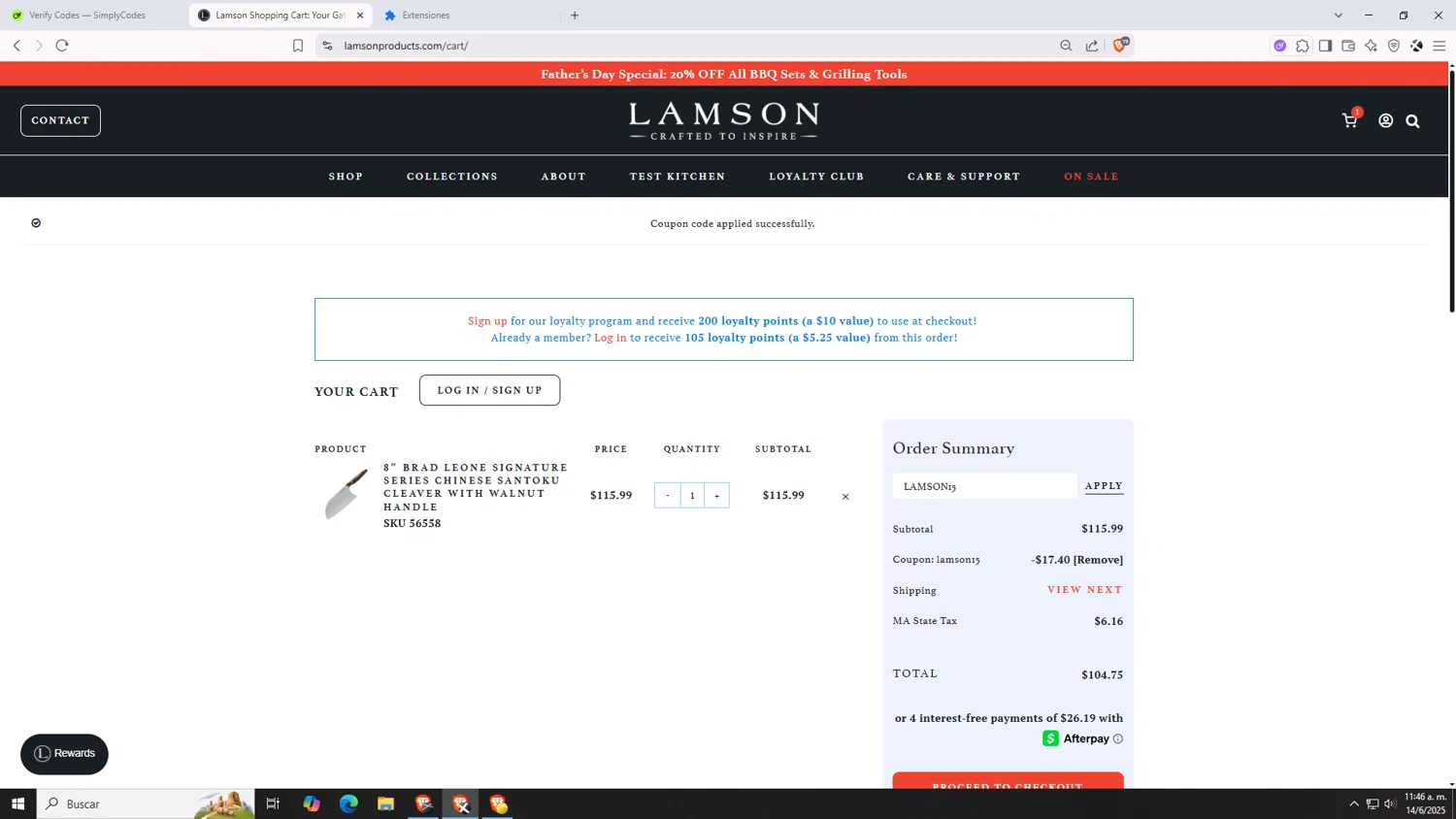 Lamson Products coupon code screenshot showing code LAMSON15 applied at Lamson Products checkout page. Uploaded by SimplyCodes community member VictoriousDefender7352 on Jun 14, 2025