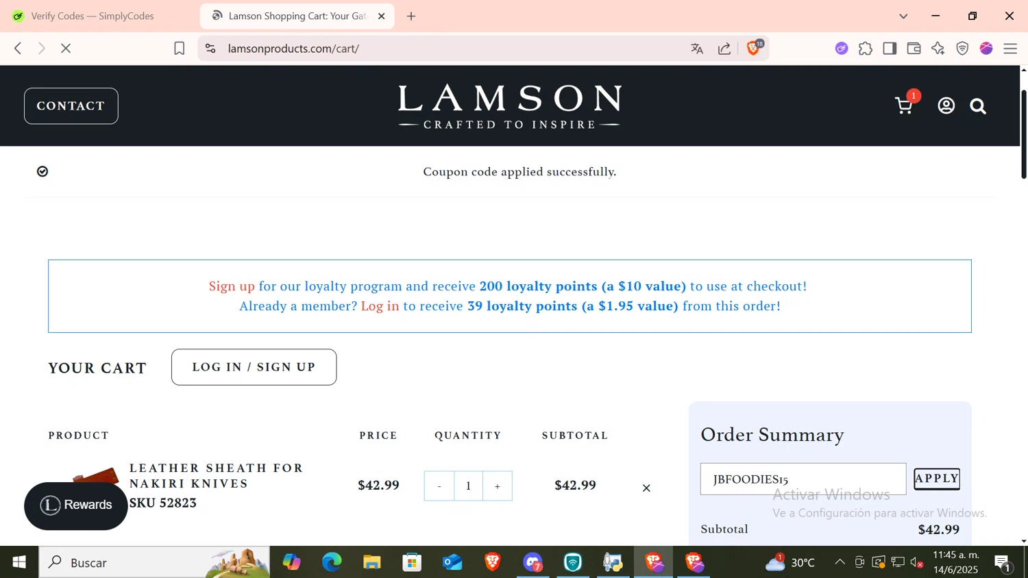 Lamson Products coupon code screenshot showing code JBFOODIES15 applied at Lamson Products checkout page. Uploaded by SimplyCodes community member CODMOBILE1 on Jun 14, 2025
