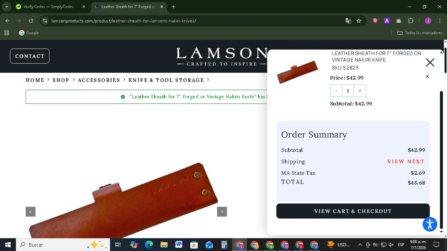 Lamson Products coupon code screenshot showing code JBFOODIES15 applied at Lamson Products checkout page. Uploaded by SimplyCodes community member Tazbravo on Jan 7, 2026