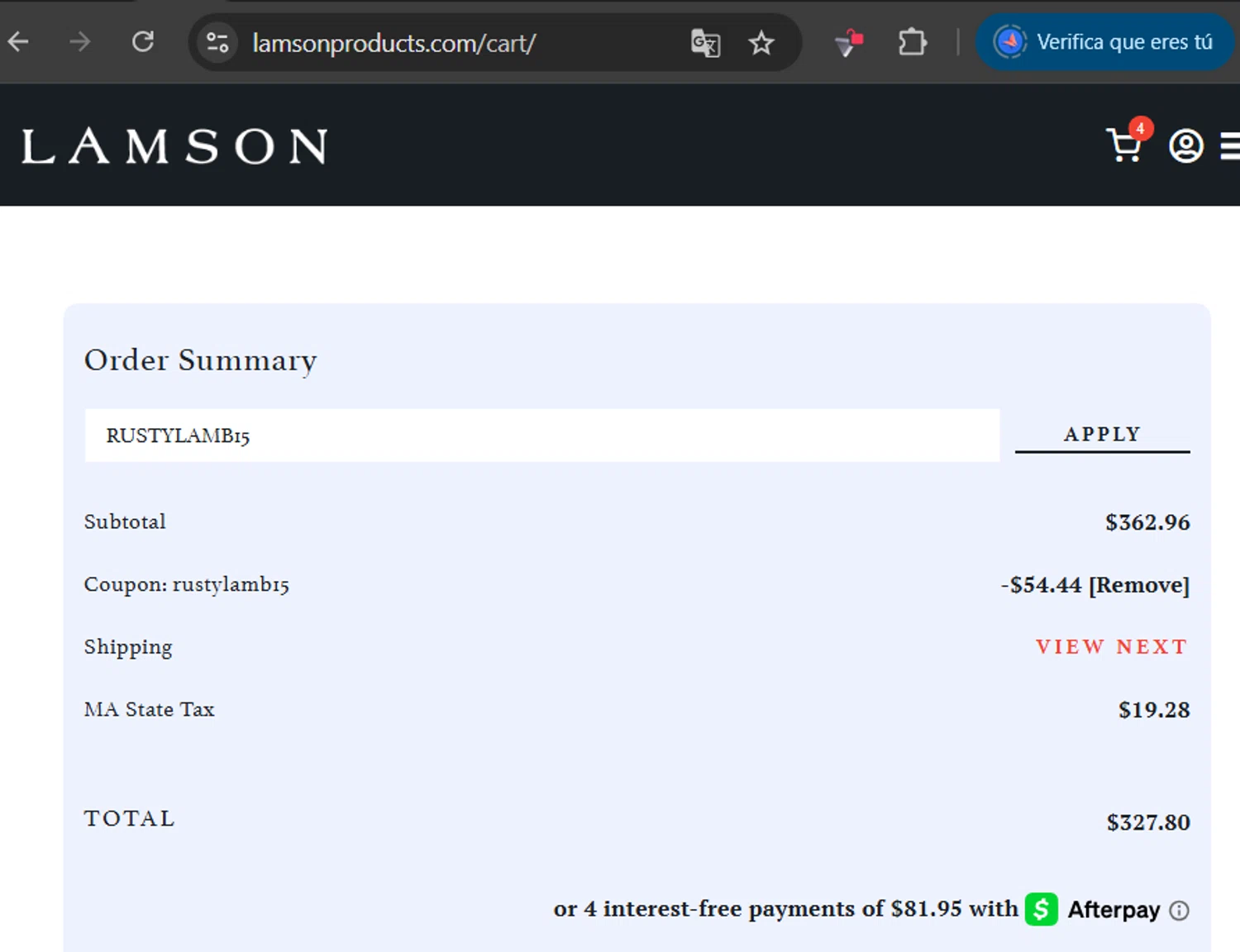Lamson Products coupon code screenshot showing code RUSTYLAMB15 applied at Lamson Products checkout page. Uploaded by SimplyCodes community member LaCalix3000 on Jun 7, 2025