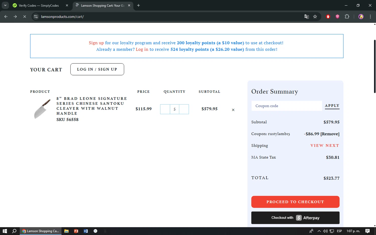 Lamson Products coupon code screenshot showing code RUSTYLAMB15 applied at Lamson Products checkout page. Uploaded by SimplyCodes community member TreasureShopper9156 on Jun 21, 2025