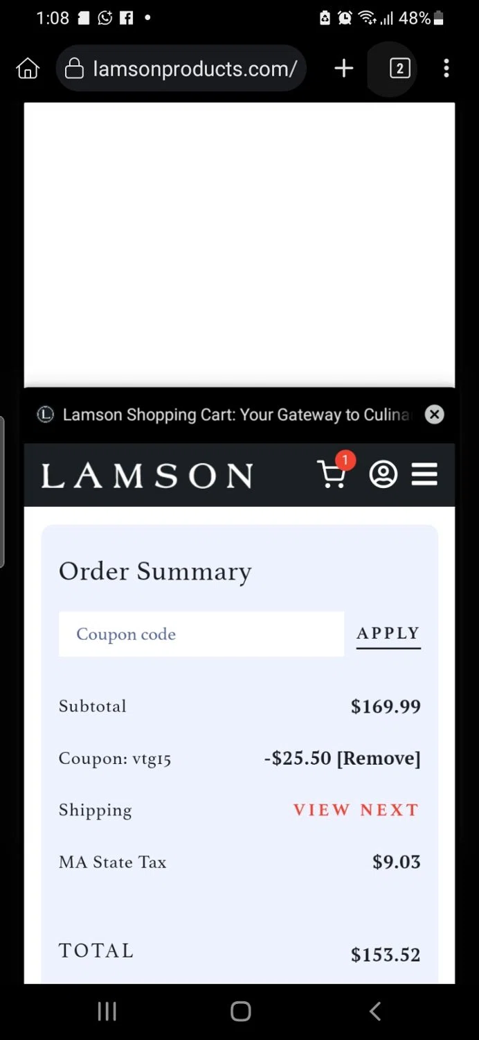 Lamson Products coupon code screenshot showing code VTG15 applied at Lamson Products checkout page. Uploaded by SimplyCodes community member GloriousMaestro4930 on Jun 21, 2025