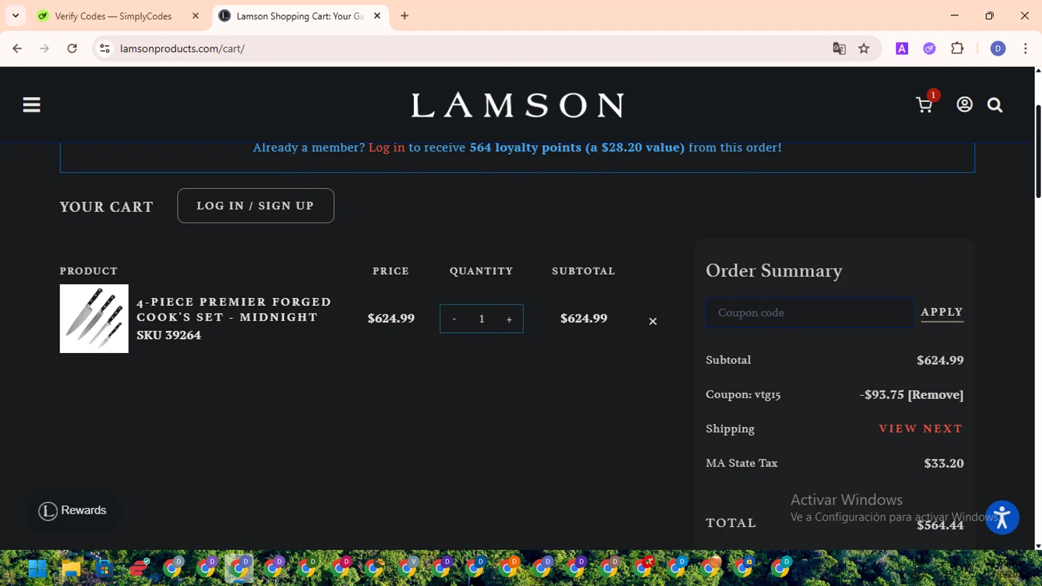 Lamson Products coupon code screenshot showing code VTG15 applied at Lamson Products checkout page. Uploaded by SimplyCodes community member RewardOwl5959 on Jun 14, 2025