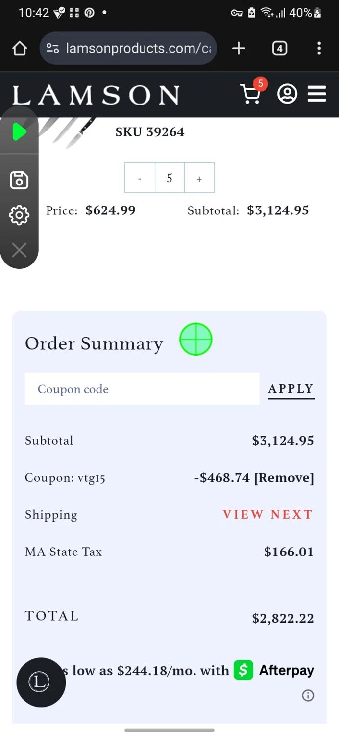 Lamson Products coupon code screenshot showing code VTG15 applied at Lamson Products checkout page. Uploaded by SimplyCodes community member miguelcrast on May 24, 2025